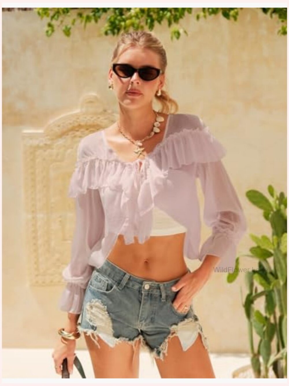 Lace Tie Front Blouse Flowy Long Sleeve V Neck Boho Shirt - Picture 2 of 7